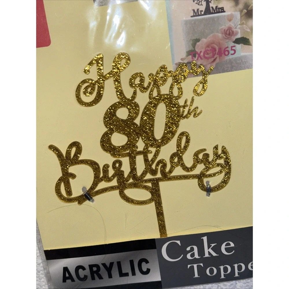 80th Birthday Cake Topper Double Side Glitter Gold Birthday Decorations NEW